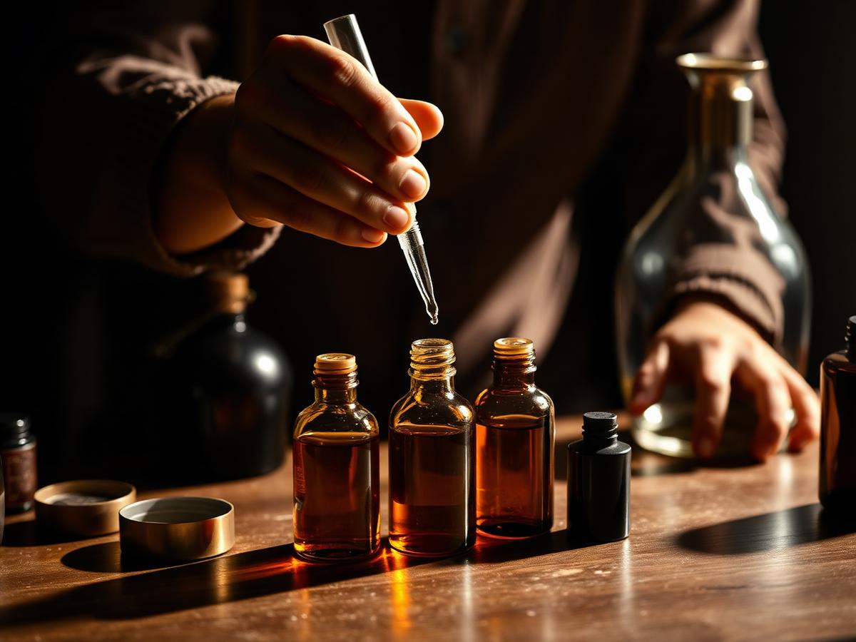 Perfumer blending fragrance oils on a marble surface